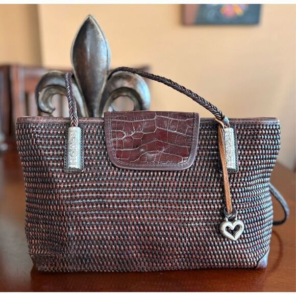 BRIGHTON - Vtg Two-Tone Brown Woven Leather Shoulder Bag/Croc-Embossed Closure - Picture 3 of 16